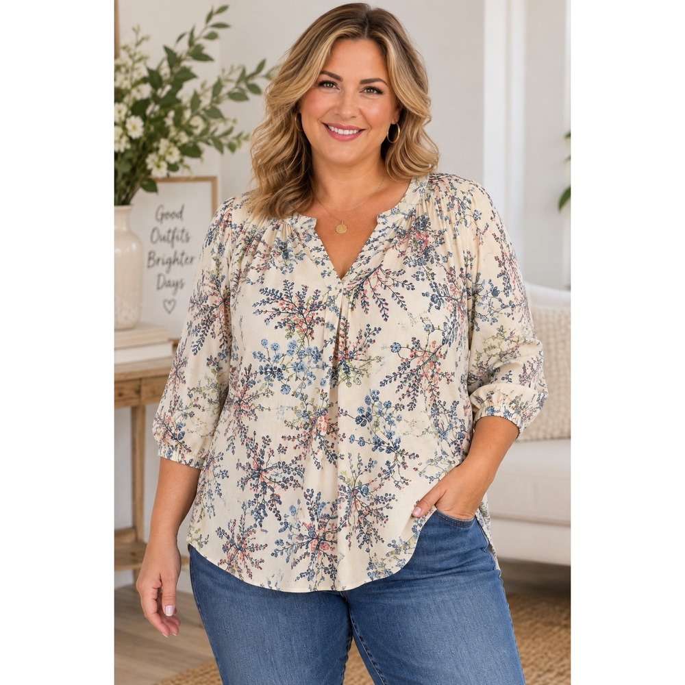 Rose & Thyme Womens 2X Floral Peasant Blouse 3/4 Sleeve Boho Rayon Top